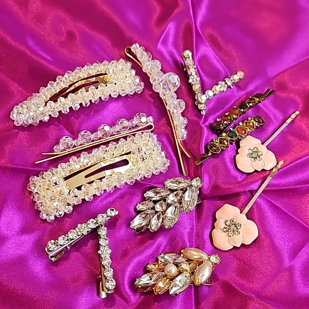 Rhinestone and Acrylic Crystal Hair Clips Lot of 14